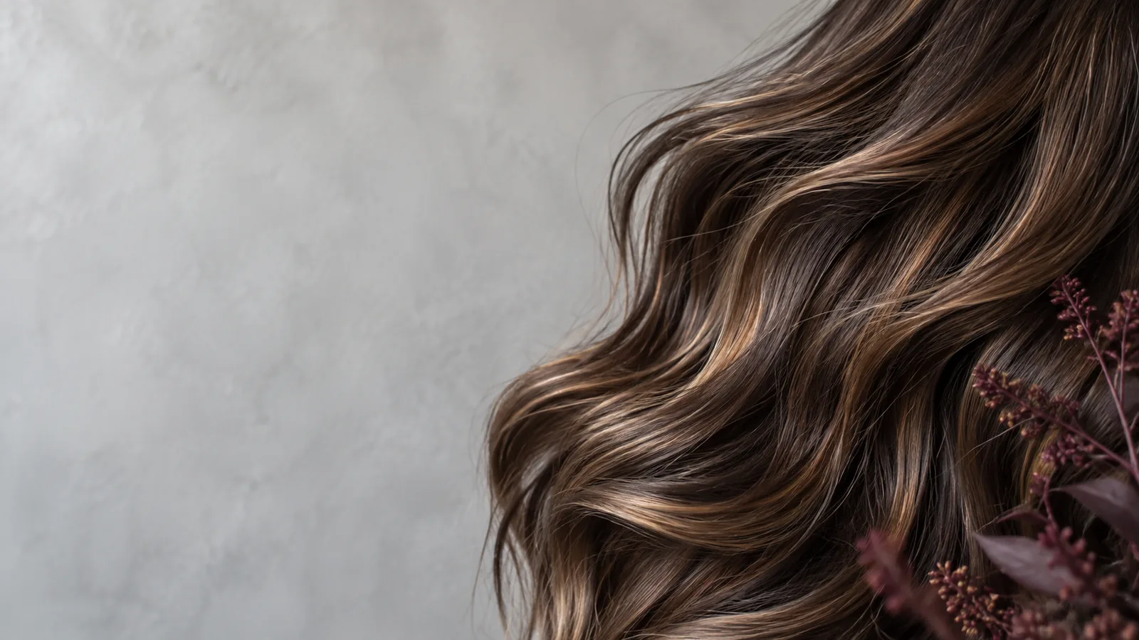 Detalle editorial de cabello con reflejos castaños y caramelo